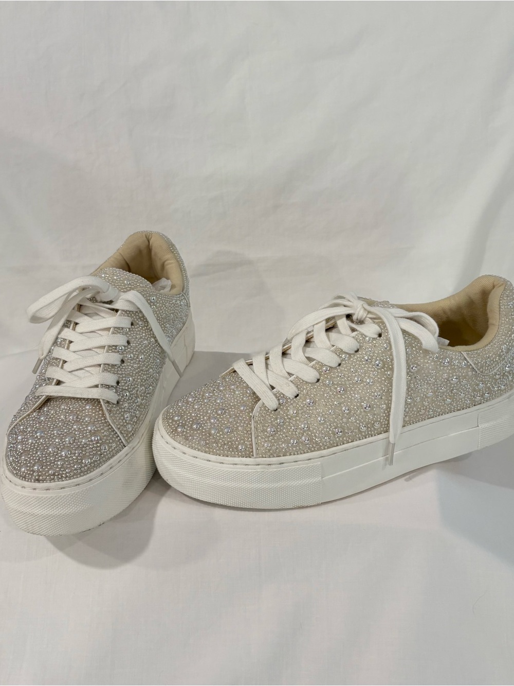 Betsey Johnson Sidny Crystal-Embellished Cream Platform Sneakers